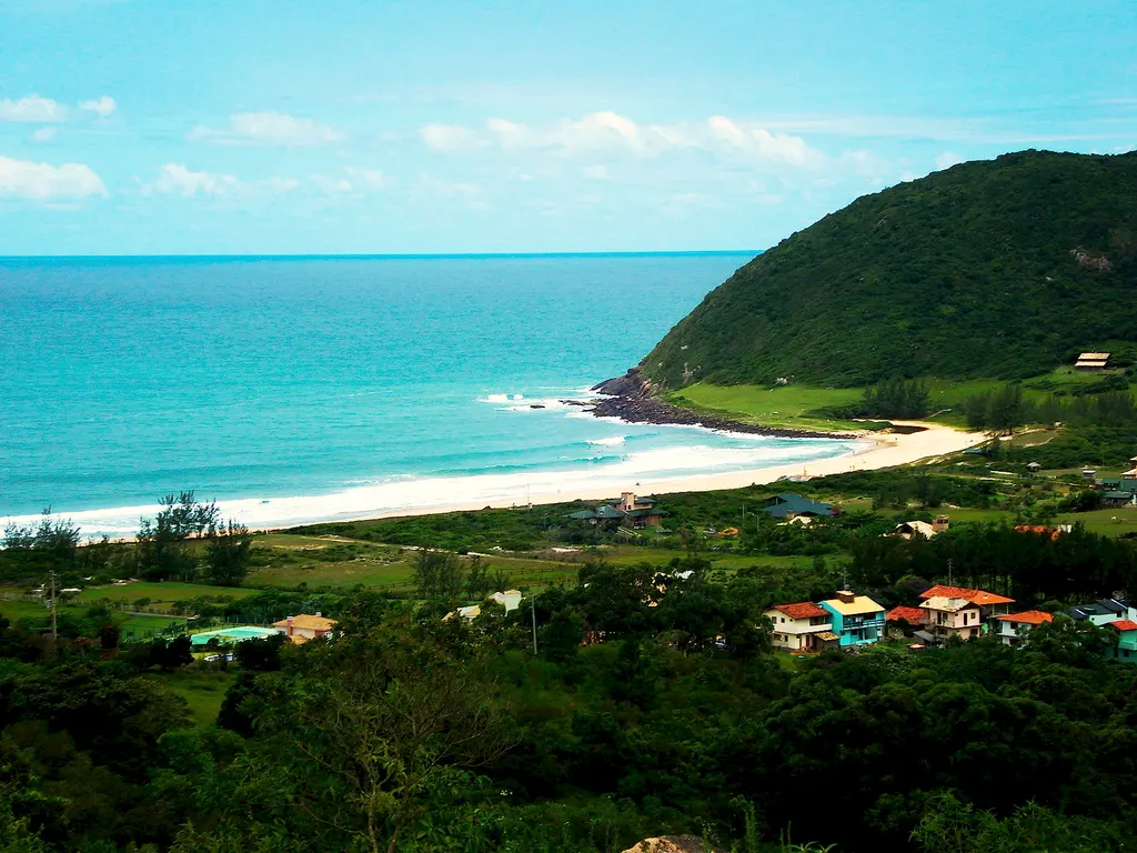 Praia do Silveira, em Garopaba, com mar azul, faixa de areia e o morro coberto de mata