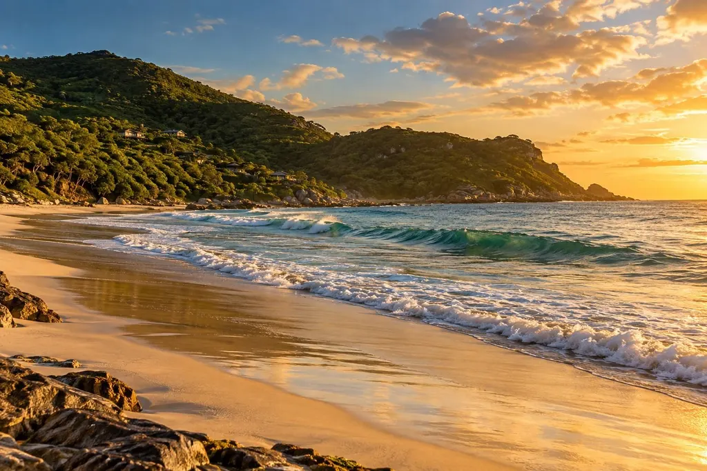 Praia com areia clara, ondas azul-esverdeadas e morros de mata atlântica ao pôr do sol (imagem ilustrativa)