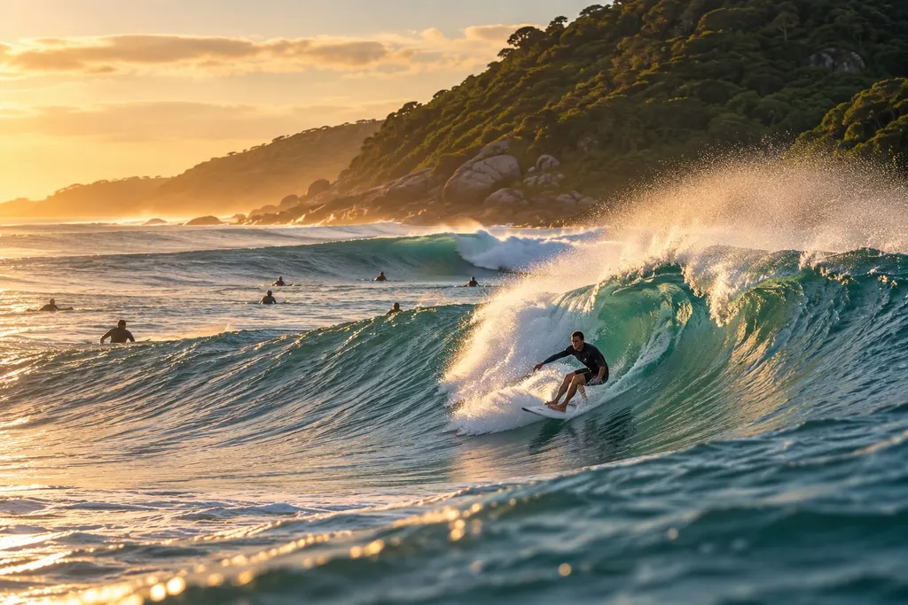 Surfista na parede de uma onda forte na Praia do Silveira, com outros surfistas ao fundo (imagem ilustrativa)