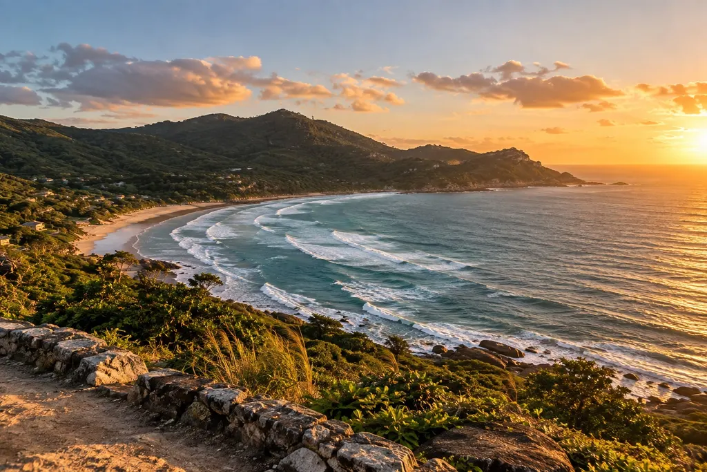 Vista do mirante do Canto Sul sobre a Praia do Silveira inteira, com mureta de pedra e mata em primeiro plano (imagem ilustrativa)