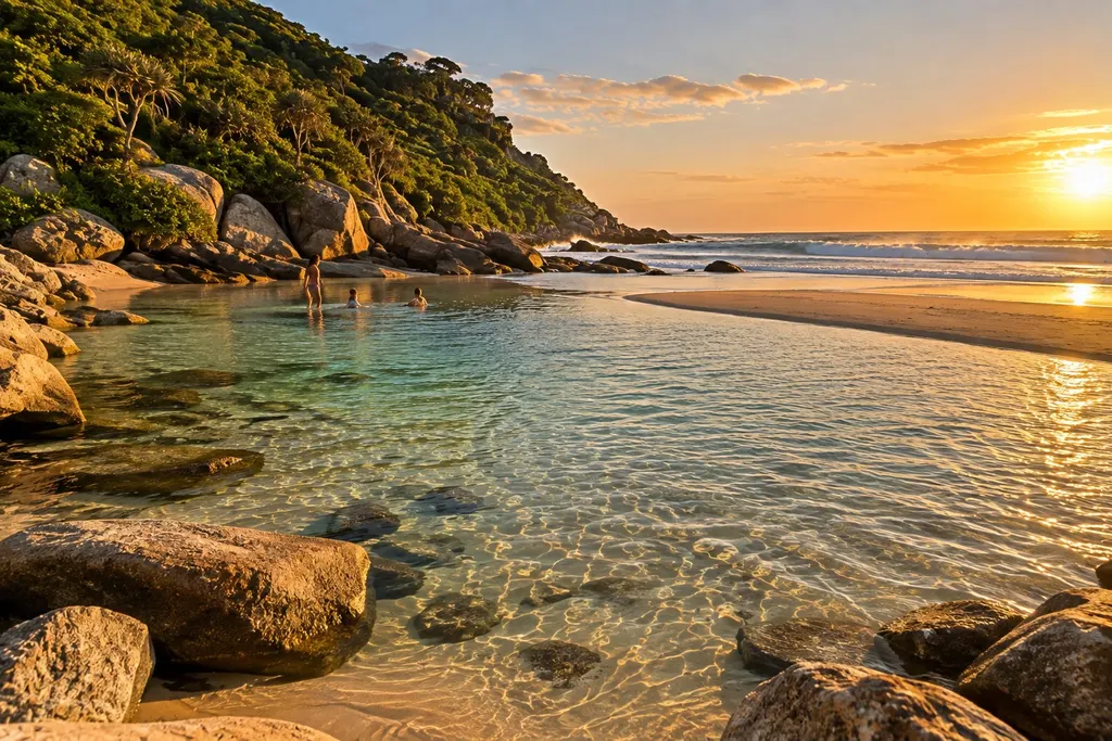 Lagoa de água rasa e cristalina no canto sul da Praia do Silveira, ligada ao mar, com rochas e morro de mata (imagem ilustrativa)