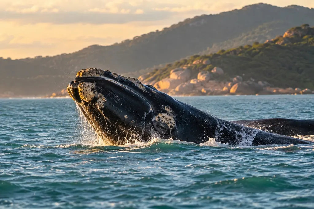 Baleia-franca emergindo no mar de Garopaba, com respingos e os morros de mata ao fundo (imagem ilustrativa)